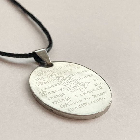 Serenity Prayer Necklace Stainless Steel Pendant Praying Hands Black Cord 18" - Picture 7 of 11